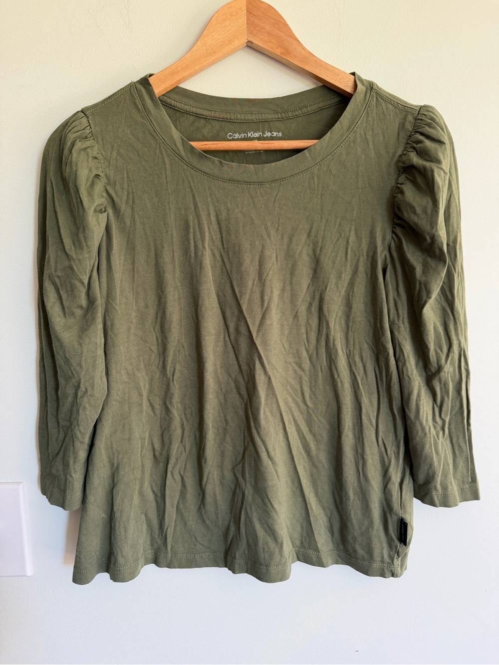 Calvin Klein Jeans Olive Green Puff-Sleeve Women's Top Cotton Modal Blend Basic